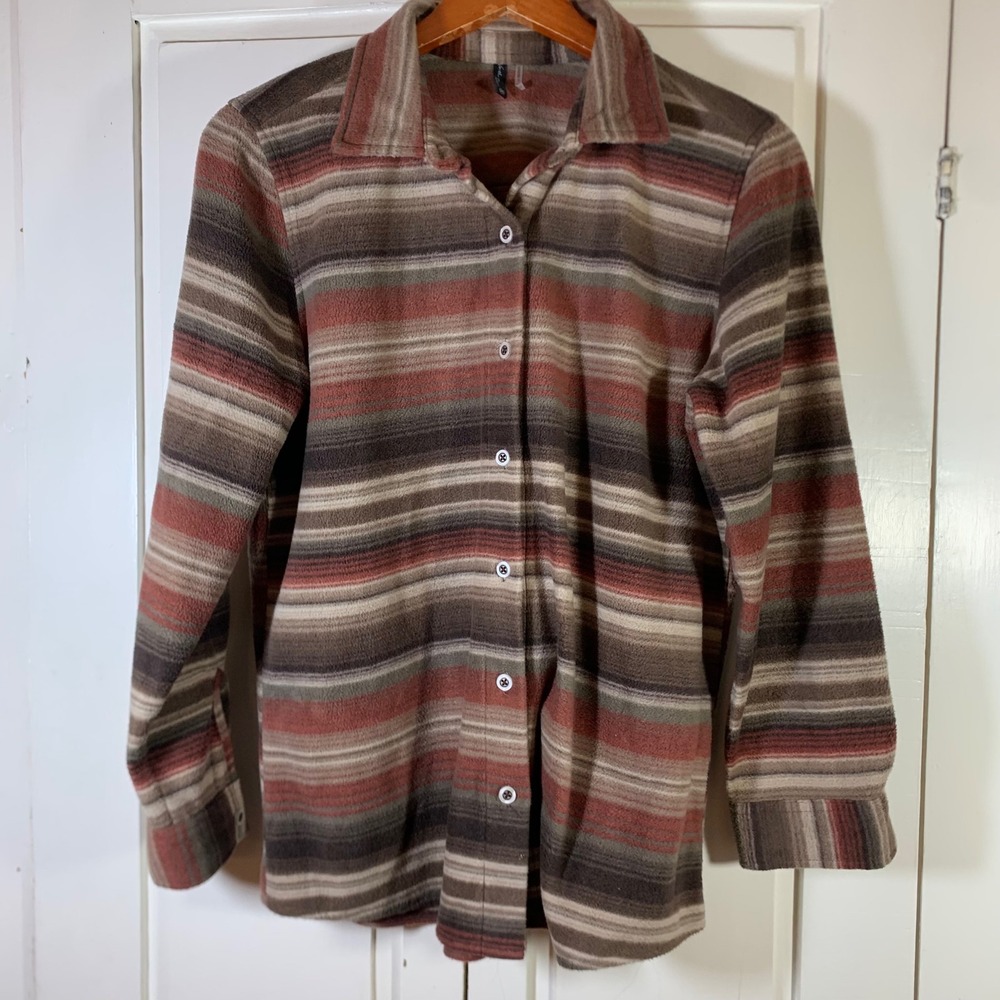North River Womens Fleece Button Down Shirt Canteen Brown Striped NRL2530 Medium